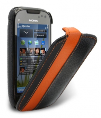 Чехол кожаный Melkco Jacka Type Limited для Nokia C7 черно-оранжевый